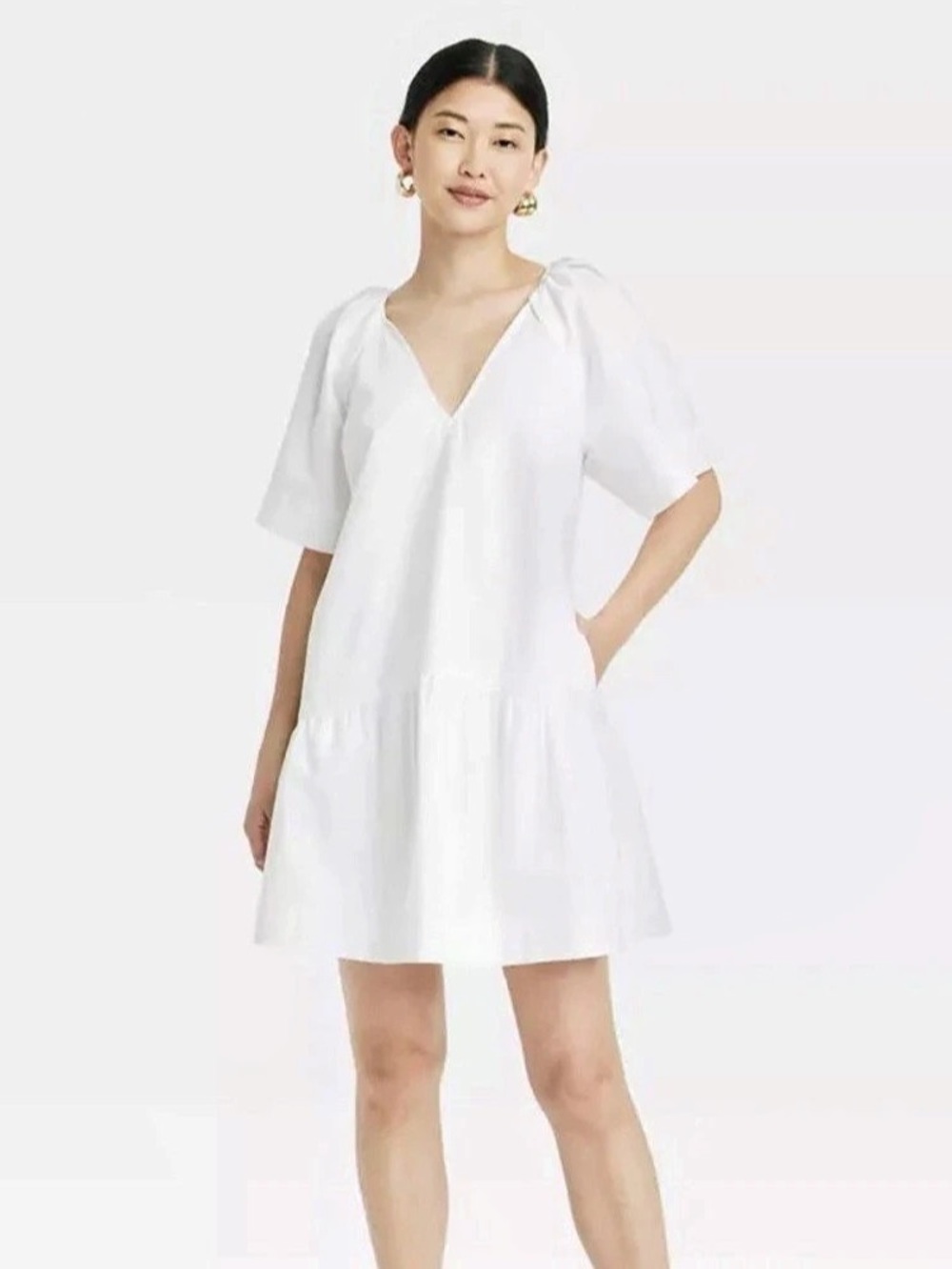 A New Day Flutter Short Sleeve Mini Poplin Dress White Medium